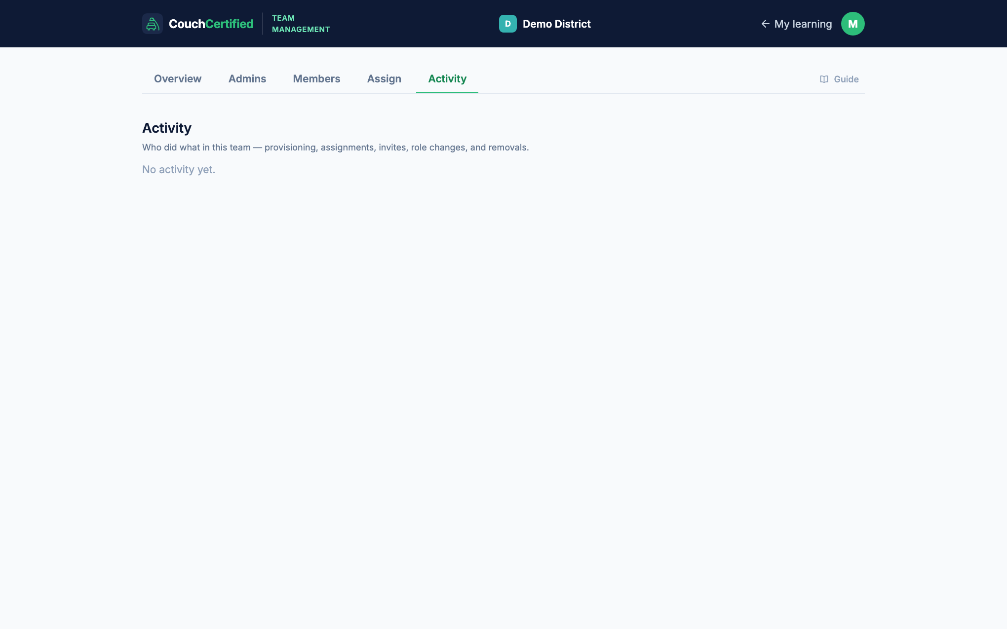 Activity tab showing the team audit trail