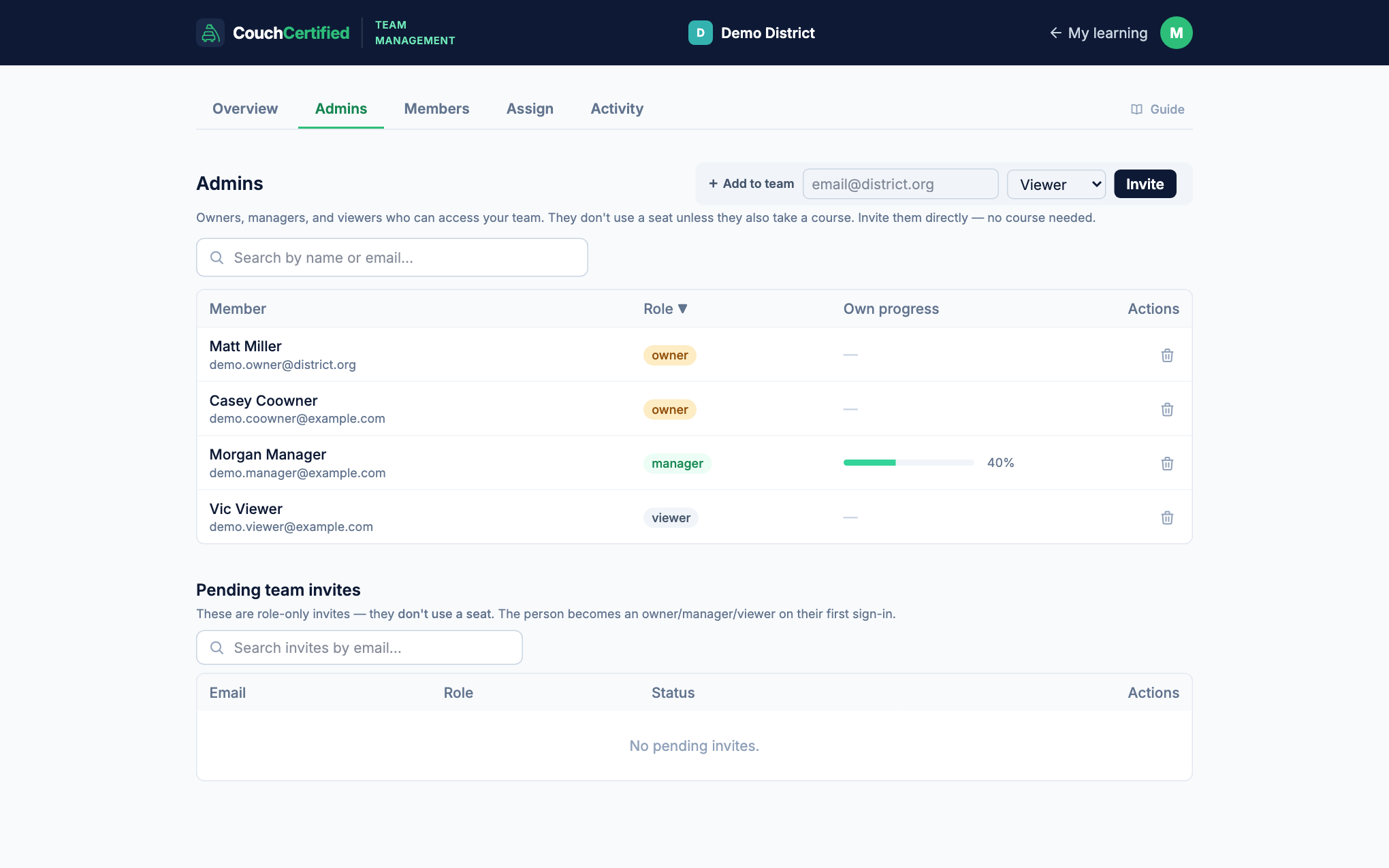 Admins tab with the role-only invite form