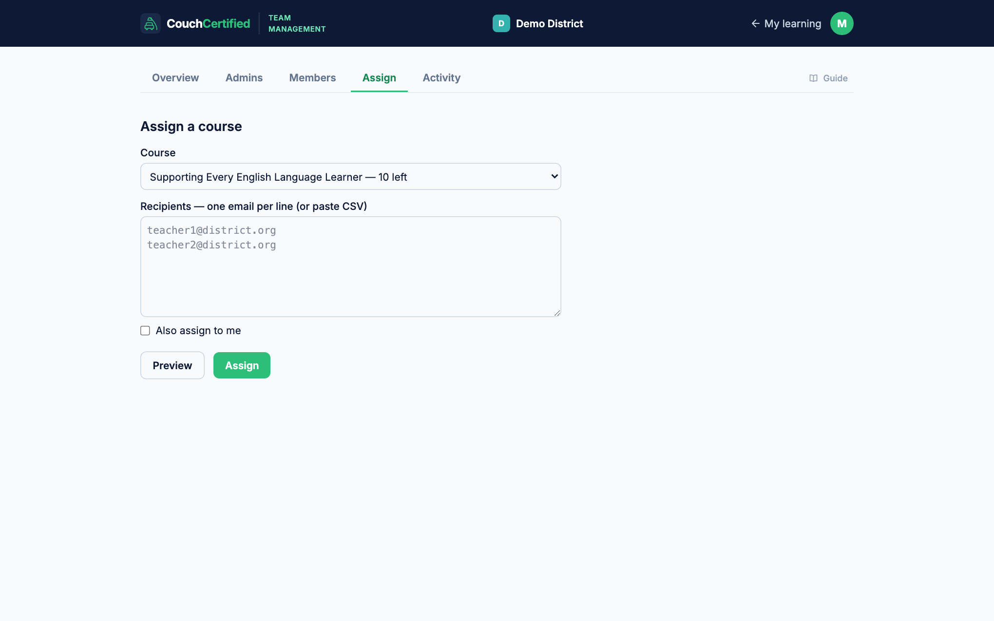 Assign tab with email/CSV input and preview